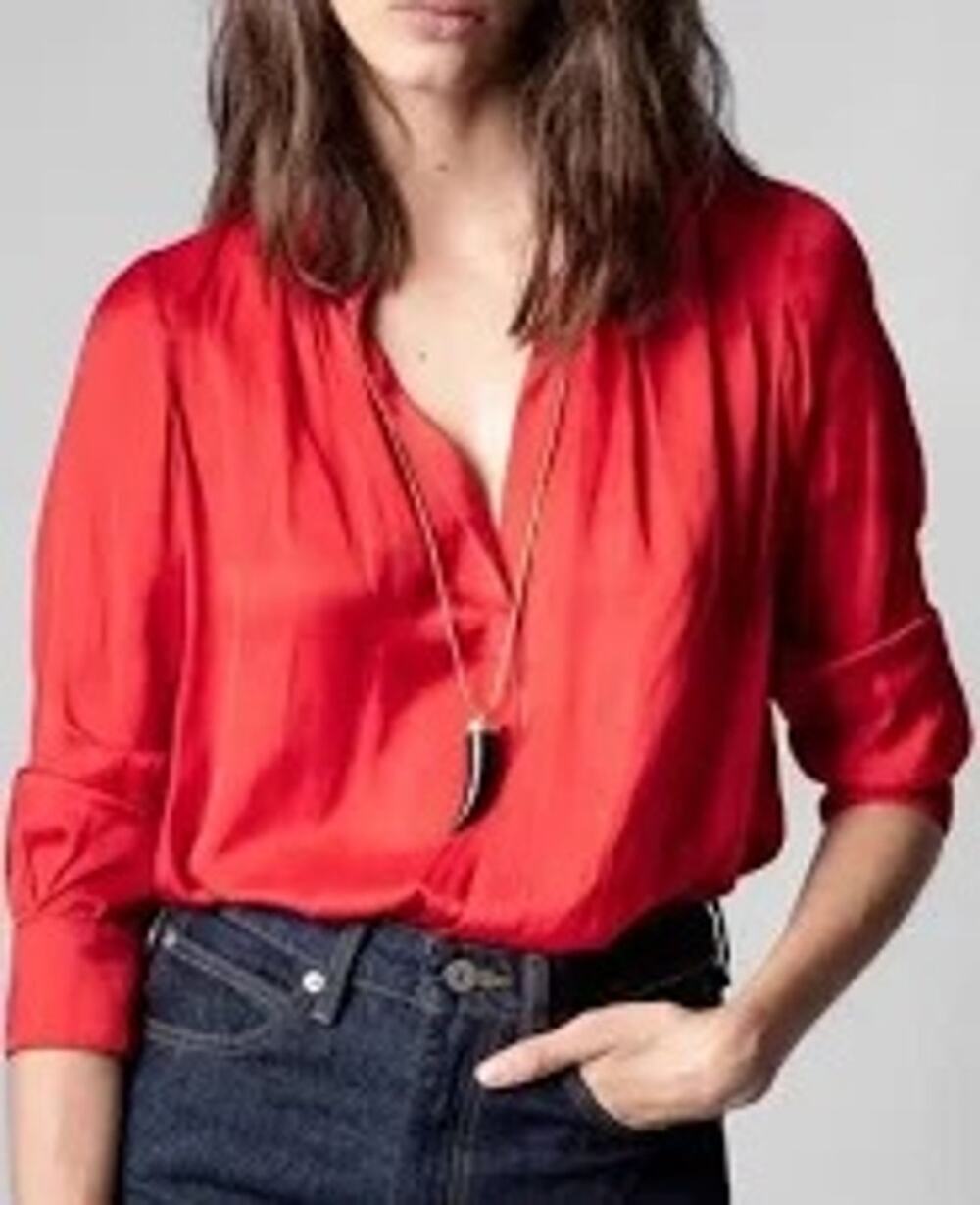 Zadig & Voltaire L Tink Satin Blouse split V-neck red luxury designer Top Women